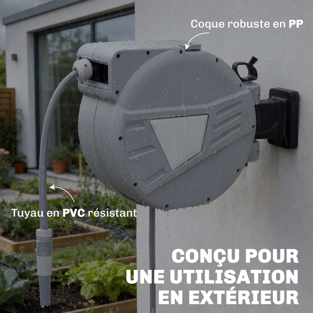 Enrouleur Tuyau Arrosage Mural 30+2 m x Ø 15mm, Dévidoir de Tuyaux d'Eau Rétractable Automatique Pivotant à 180°, Gris-7