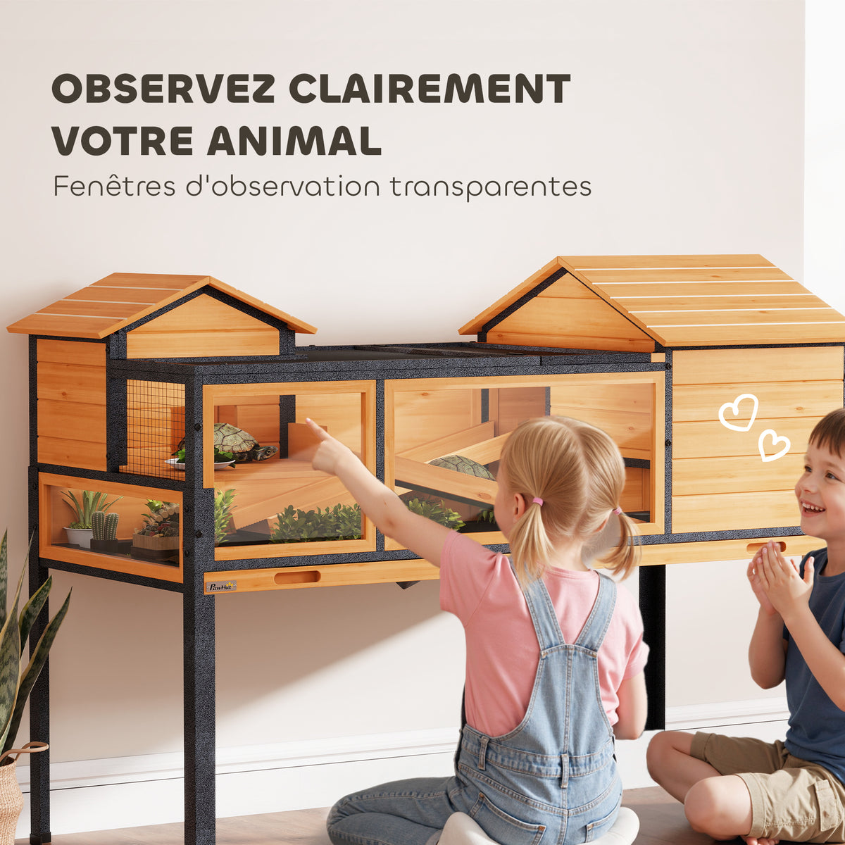 Maison pour tortues à 2 étages 2 chambres fenêtres rampes toit ouvrable et plateau 128 x 63 x 96 cm jaune-4