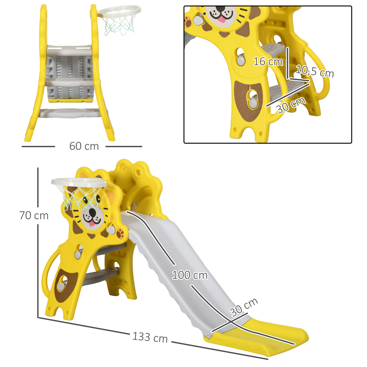 Toboggan pour enfants intérieur extérieur avec panier de basket pour les enfants de 18 à 36 mois, jaune, gris-2