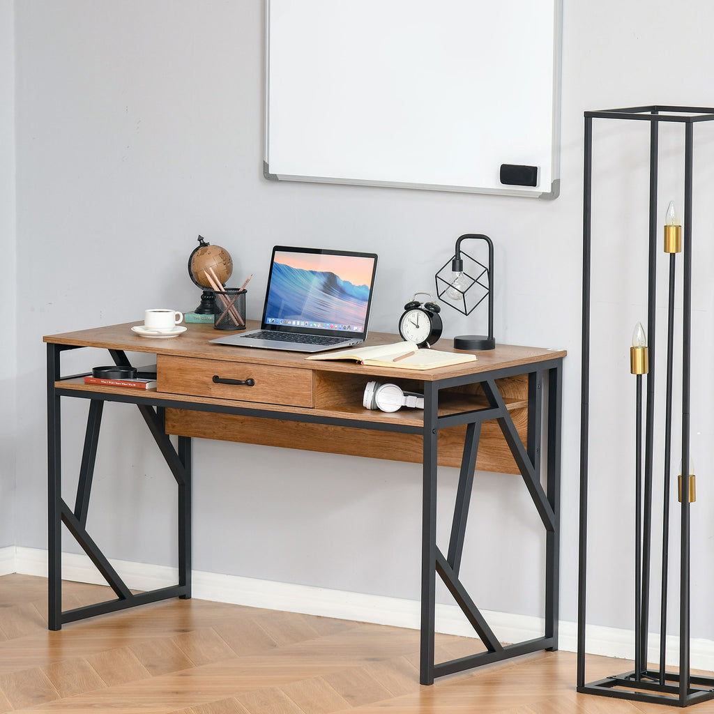 Bureau Style Industriel 120L x 60l x 76H cm tiroir + 2 niches piètement métal Noir Plateau, pour Étude, Aspect-3