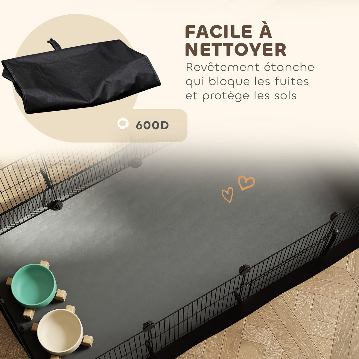Enclos pour petits animaux, cage à lapin modulable 12 panneaux avec tapis étanche, en acier, 120 x 60 x 40 cm, noir-3