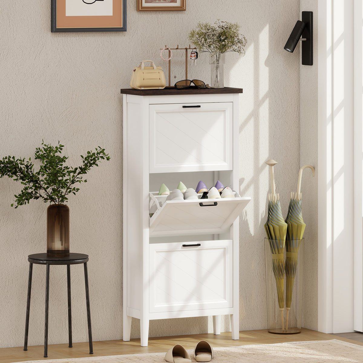 Meuble à chaussures 18 paires, armoire à chaussures étroite avec 3 tiroirs rabattables et étagères réglables, blanc-1