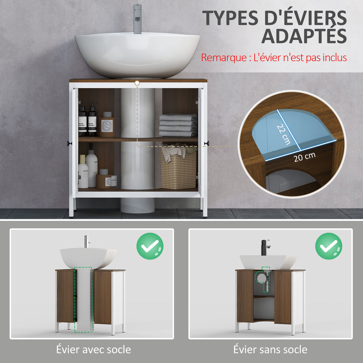 Meuble sous lavabo meuble de salle de bain 2 portes avec étagère 60 x 30 x 60 cm blanc et aspect bois-3