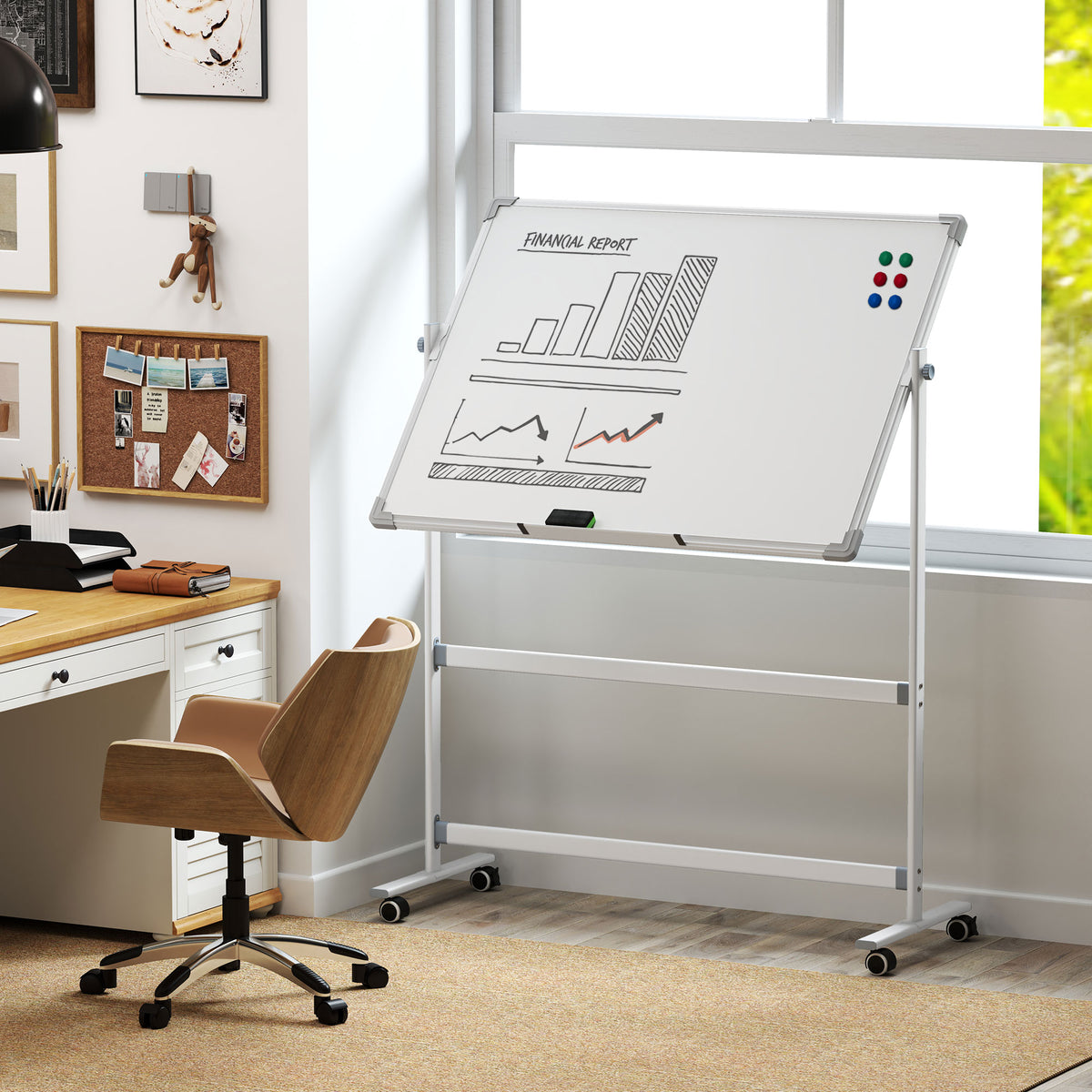 Tableau blanc magnétique double face effacable rotatif mobile avec support, aimants, marqueurs, gomme et roulettes-9
