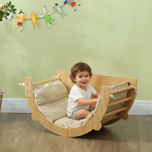 3 en 1 Arche d'escalade fauteuil à bascule et table de jeu coussin, en bois naturel, pour enfants de 18 à 48 mois-1