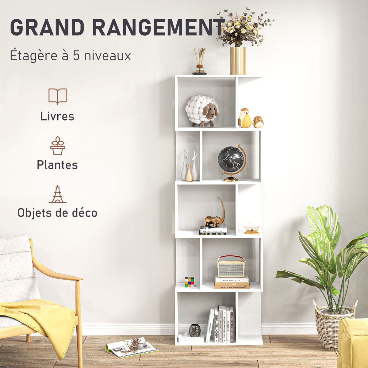 Bibliothèque à 5 niveaux, meuble de rangement en forme de S avec étagères, 60 x 24 x 184,5 cm, blanc-3
