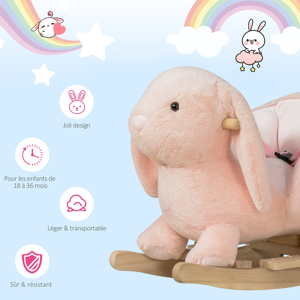 Cheval à Bascule Jouet à Bascule Lapin pour Enfants 18-36 Mois Fauteuil intégré Ceinture de sécurité Fonction sonore clapissement Rose-5
