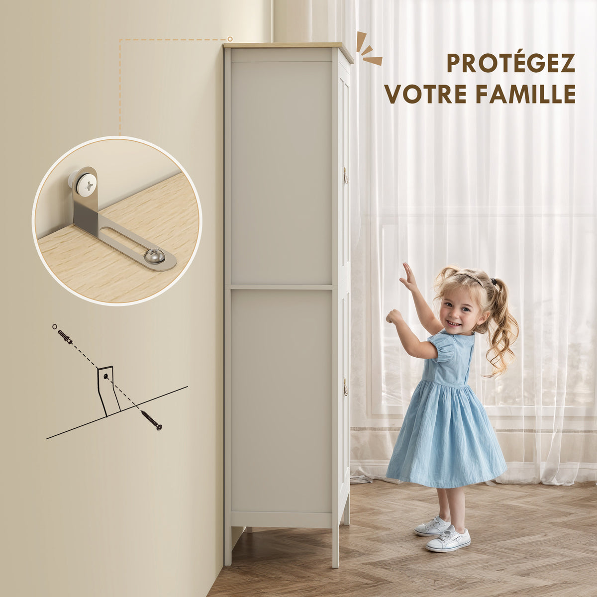 Buffet cuisine, meuble cuisine rangement haut avec LED réglable et détecteur de mouvement, 80 x 40 x 176,5 cm, blanc-6