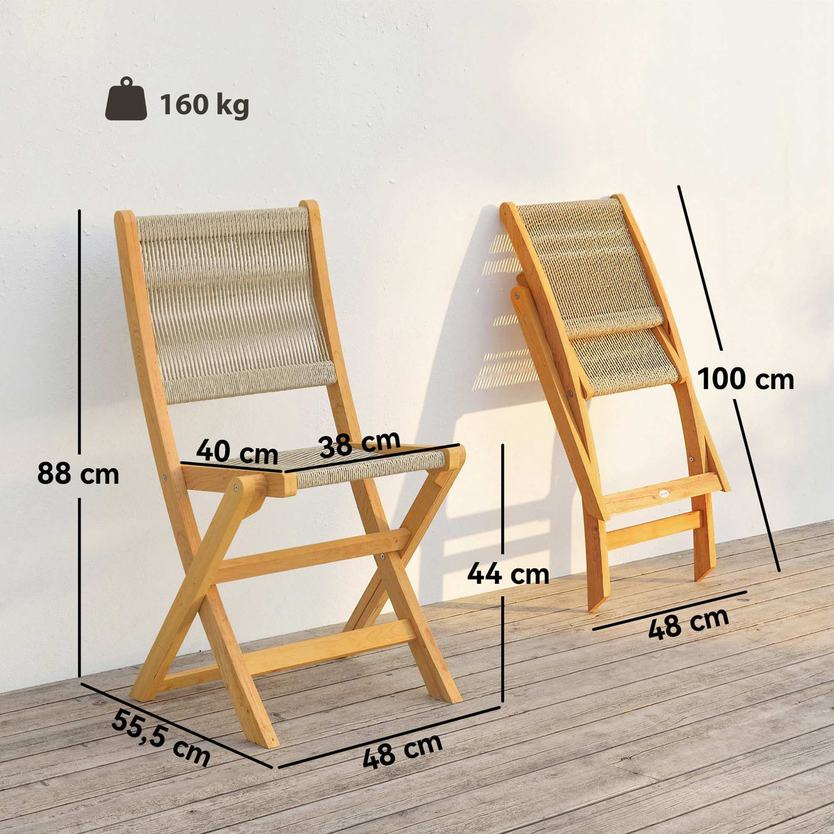Lot de 2 Chaises de Jardin Pliantes Chaises de Balcon en Bois d'Acacia Assise en Corde Tressée Naturel et Beige-2