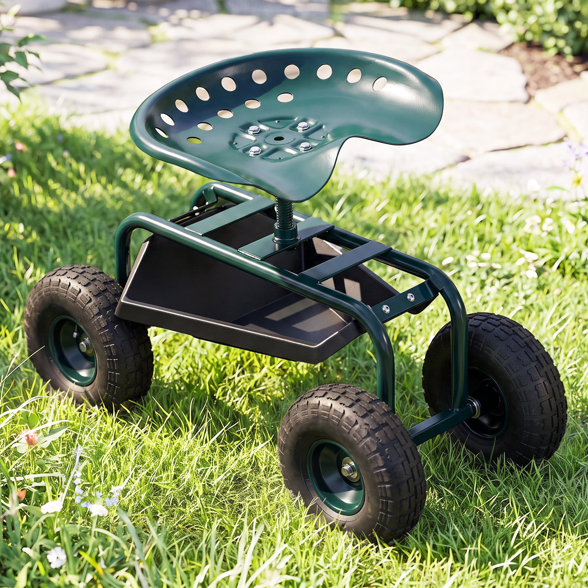 Siège de jardin chaise roulante pivotant à 360° et réglable en hauteur avec plateau à outils charge max. 150 Kg vert-1