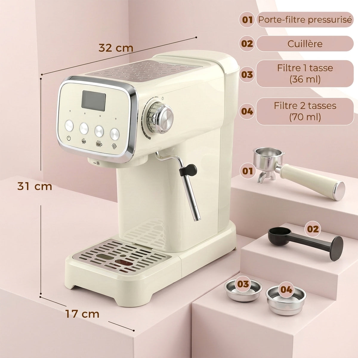 Machine à Expresso avec Buse Vapeur à Mousse de Lait, Cafetière 20Bars, Réservoir d'Eau Amovible 1,2 L, Crème-2