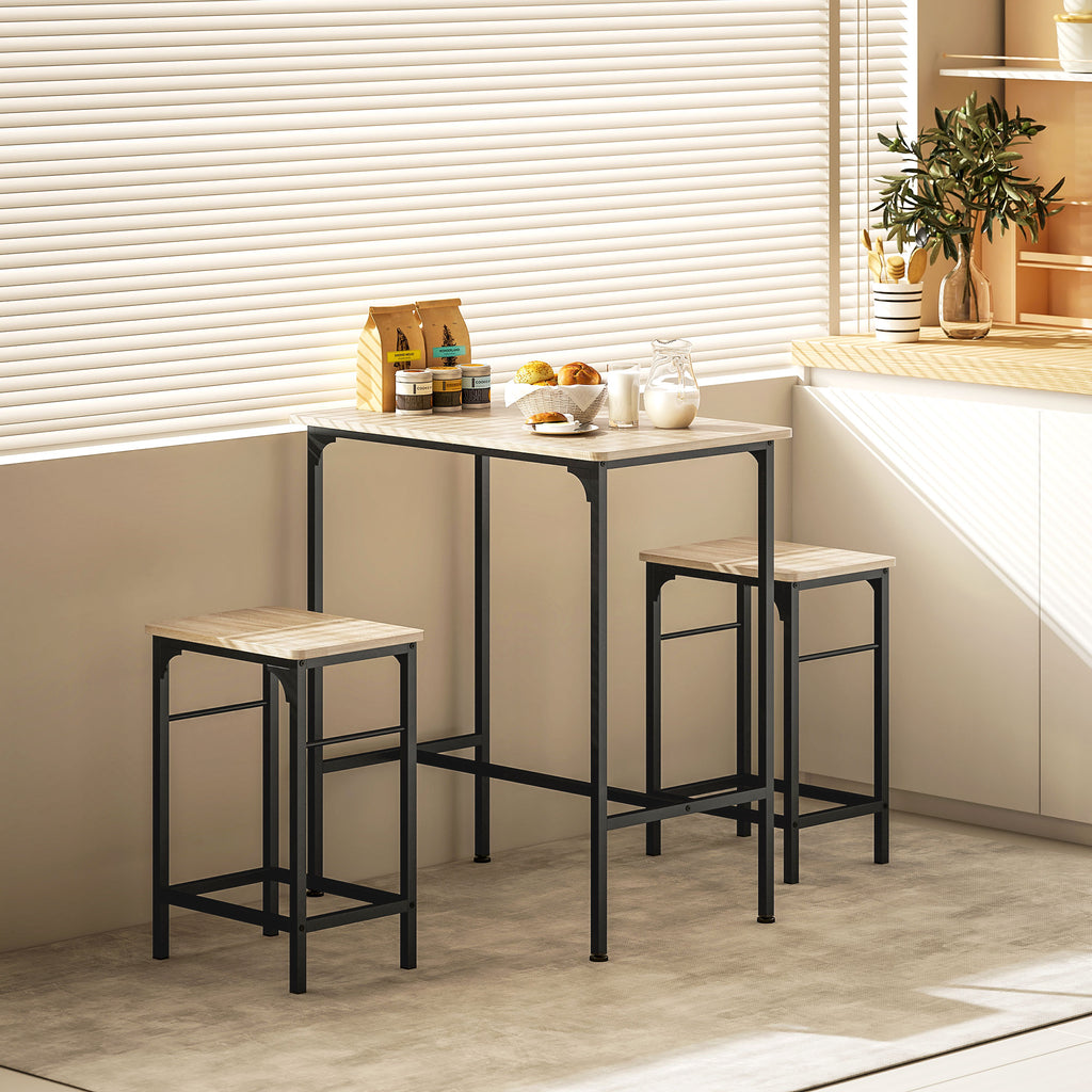 Ensemble table de bar avec 2 tabourets, cadre en acier pour cuisine, salle à manger et salon, effet bois naturel-9