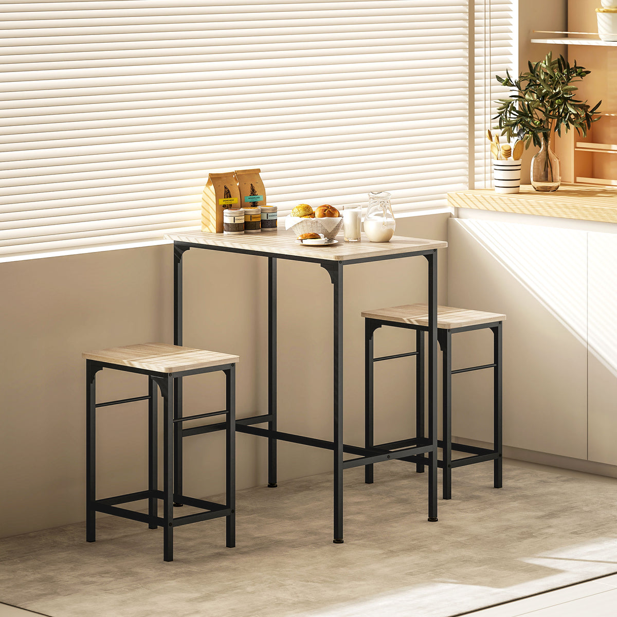 Ensemble table de bar avec 2 tabourets, cadre en acier pour cuisine, salle à manger et salon, effet bois naturel-9