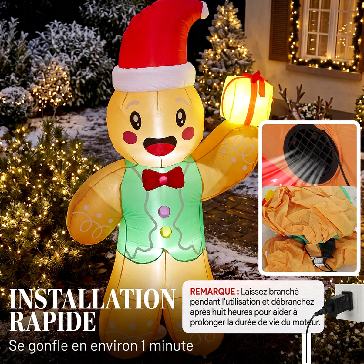 Bonhomme Pain d'Épice Gonflable de Noël 2,5 m avec Lumières LED, Boîte Cadeau et Souffleur, Intérieur et Extérieur-4