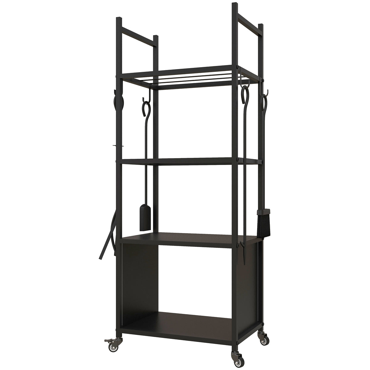 Chariot range bûches intérieur, porte-bûches roulettes, 4 outils de cheminée, 4 étagères, métal, 45 x 30 x 118 cm, noir-0
