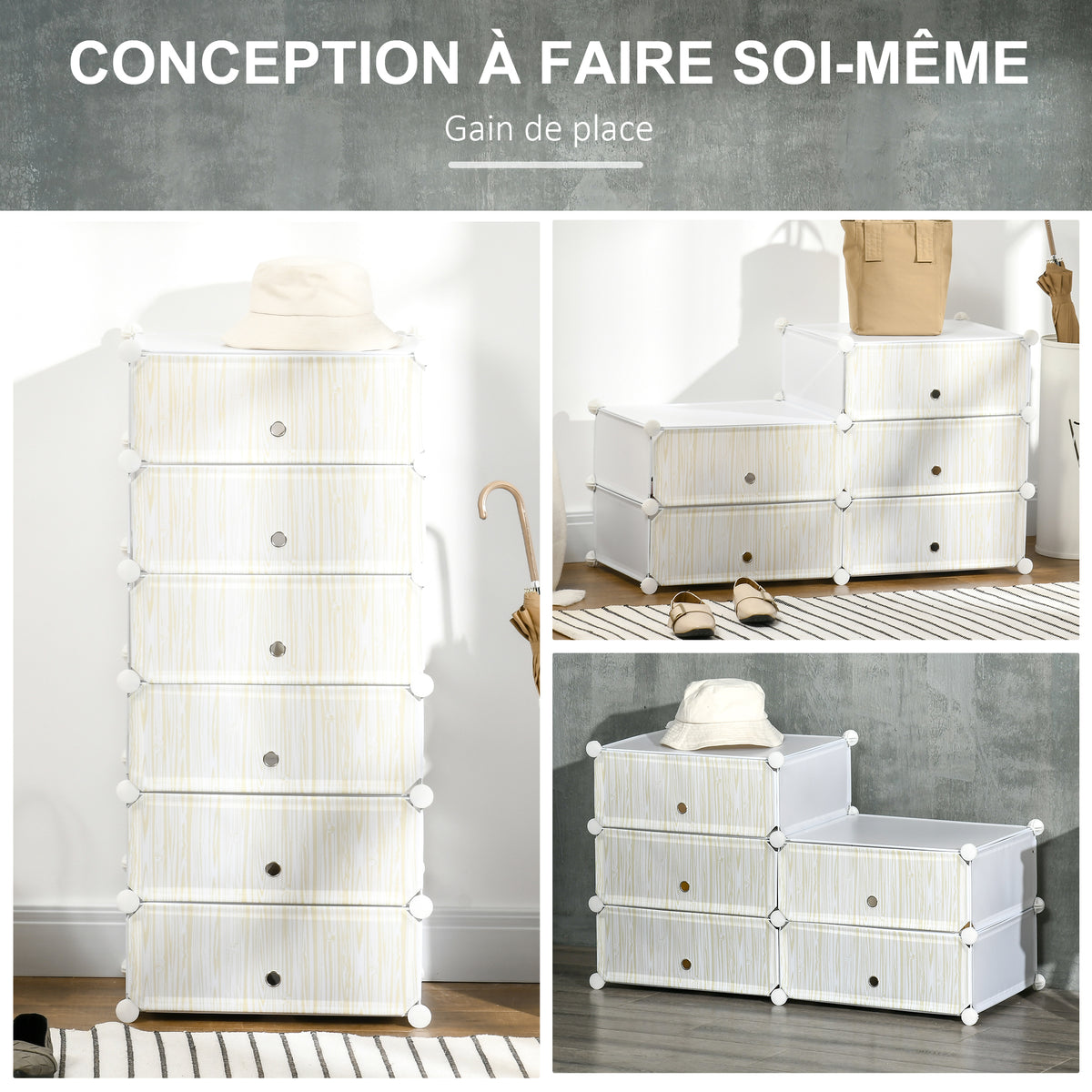 Armoire à chaussures modulable, meuble de rangement avec 6 cubes empilable en plastique, 49 x 36,5 x 108 cm blanc-4