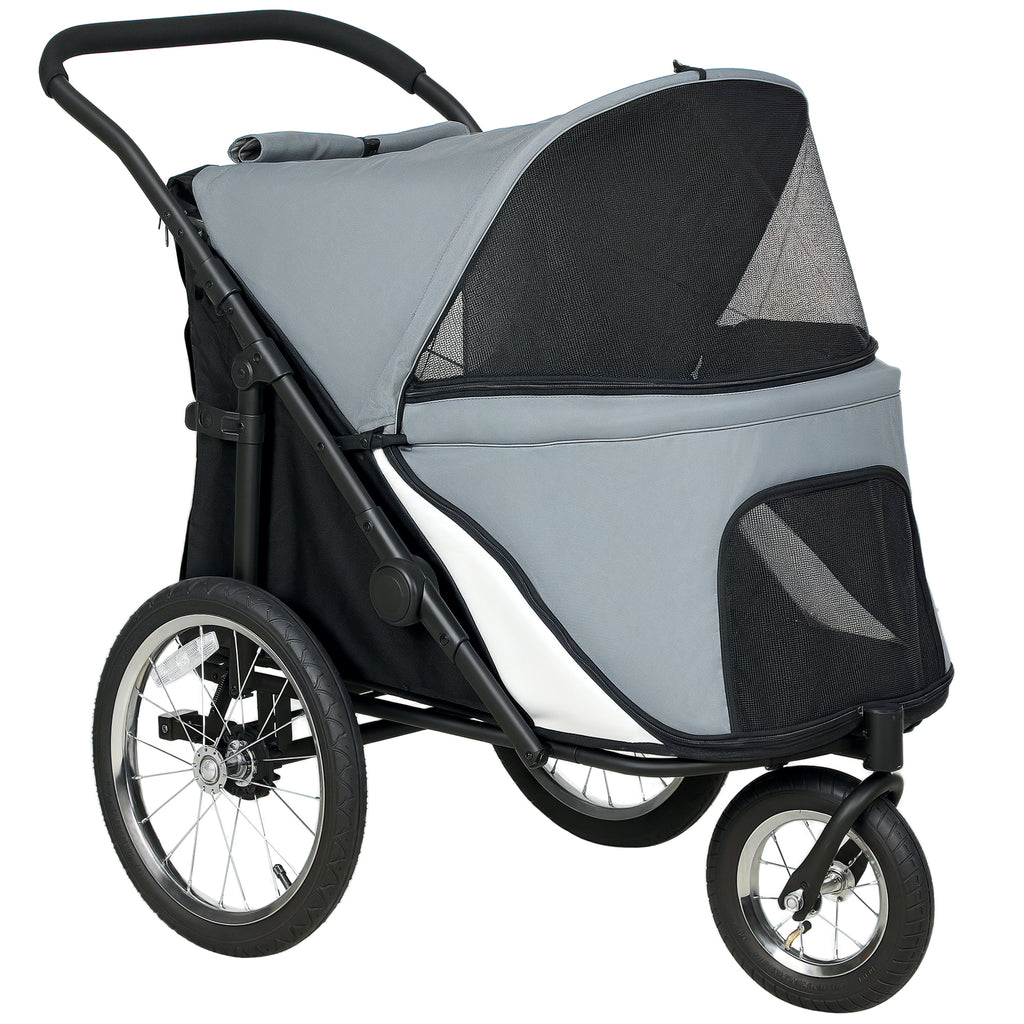 Poussette pour chien 3 roues avec pliage facile, sac de rangement, coussin souple, laisse de sécurité, gris-0