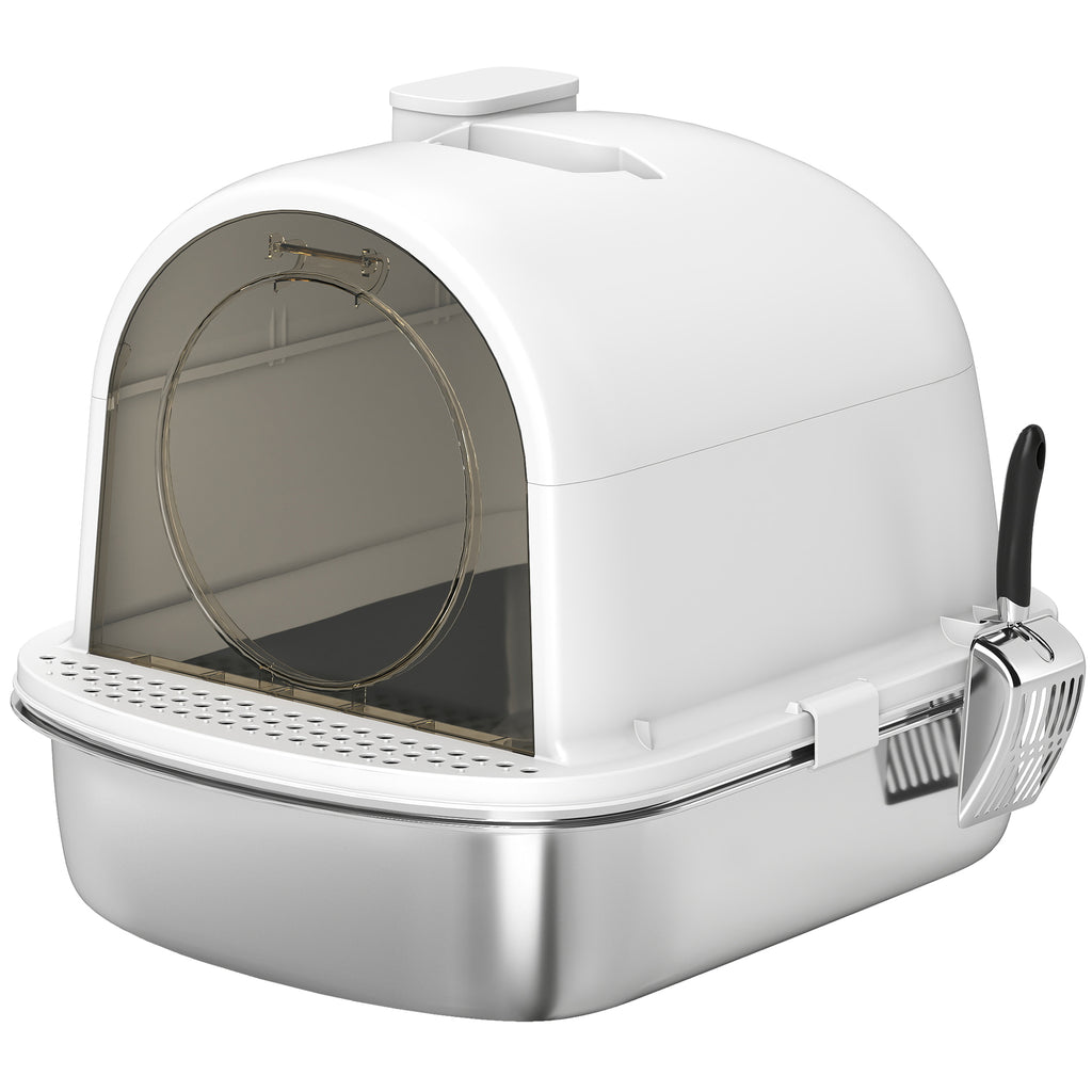 Maison de toilette pour chat bac à litière fermé bac acier inoxydable, nettoyage facile, 52,4 x 41,3 x 39,9 cm, blanc-0