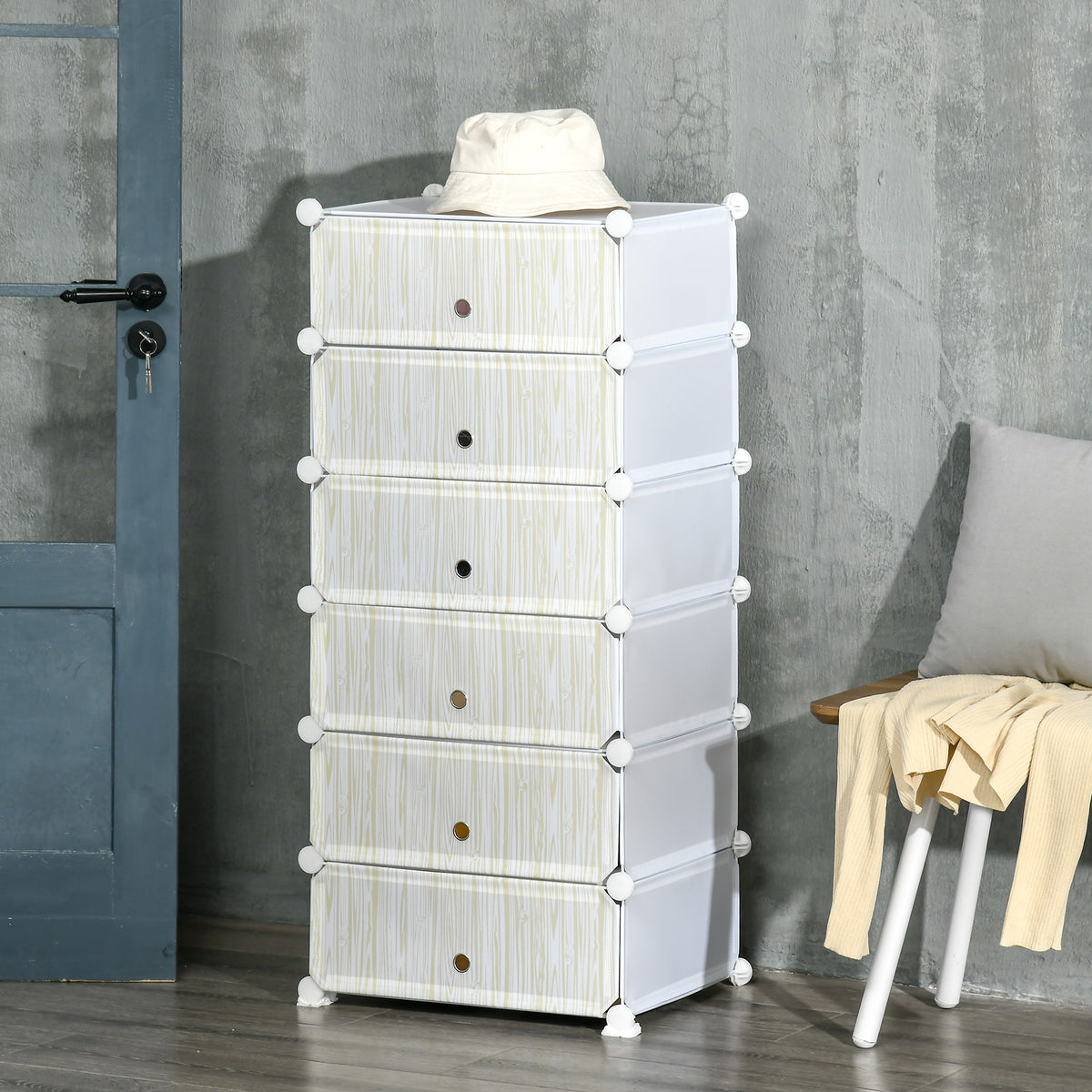 Armoire à chaussures modulable, meuble de rangement avec 6 cubes empilable en plastique, 49 x 36,5 x 108 cm blanc-9