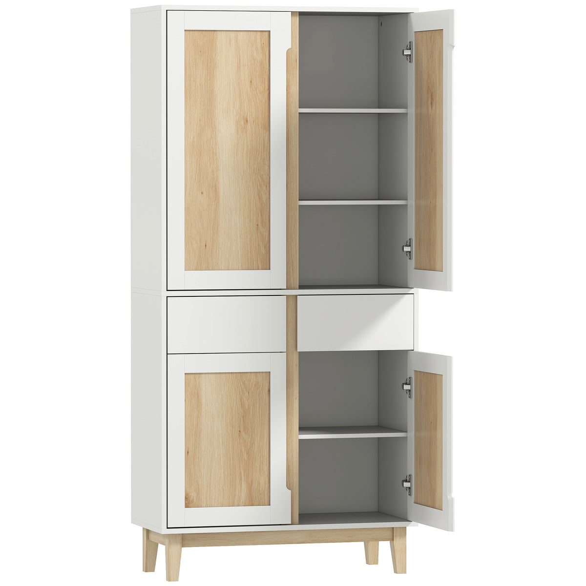 Buffet haut cuisine, armoire de cuisine avec 4 portes, 2 tiroirs et étagères réglables, 80x35x170cm, blanc et chêne-0