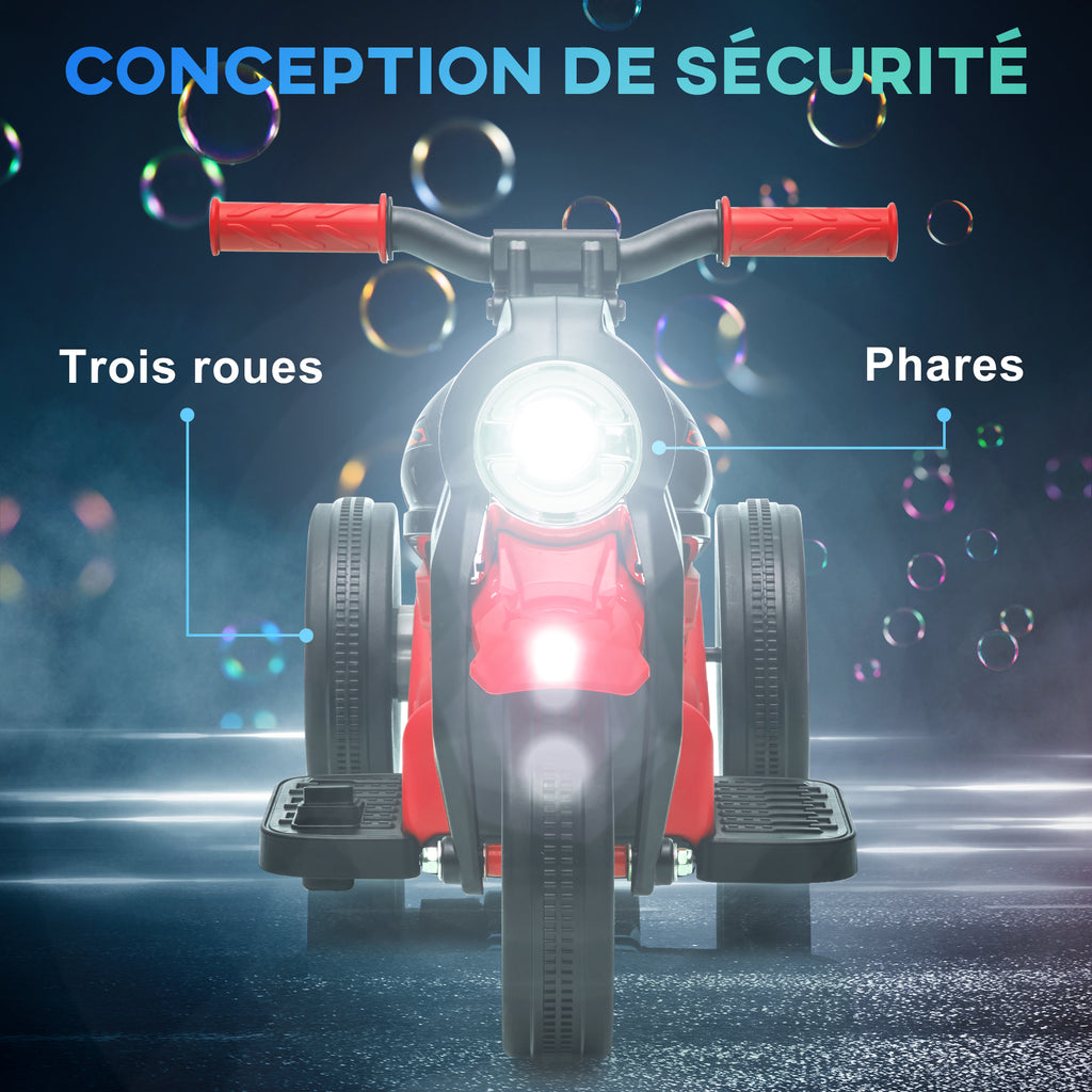 Moto électrique enfants 2-5 ans, 3 roues, 6 V, 3 km/h, avec fonction de bulles, effets lumineux et sonores, rouge-4