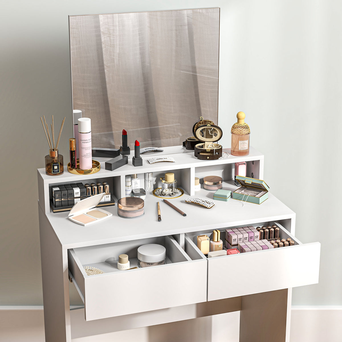 Coiffeuse avec miroir, table de maquillage avec 2 tiroirs et 3 compartiments, style moderne, 75 x 38 x 135 cm, blanc-8
