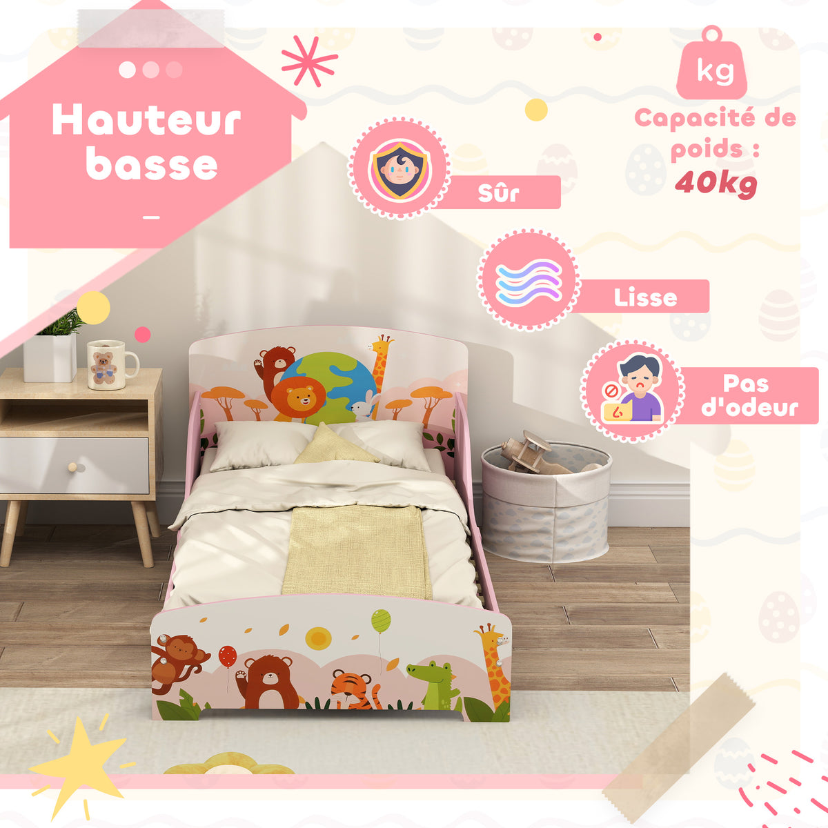 Lit Enfant 70x140 cm motif animal 140 x 70 cm avec sommier à lattes en bois design bas sécurisé rose-4