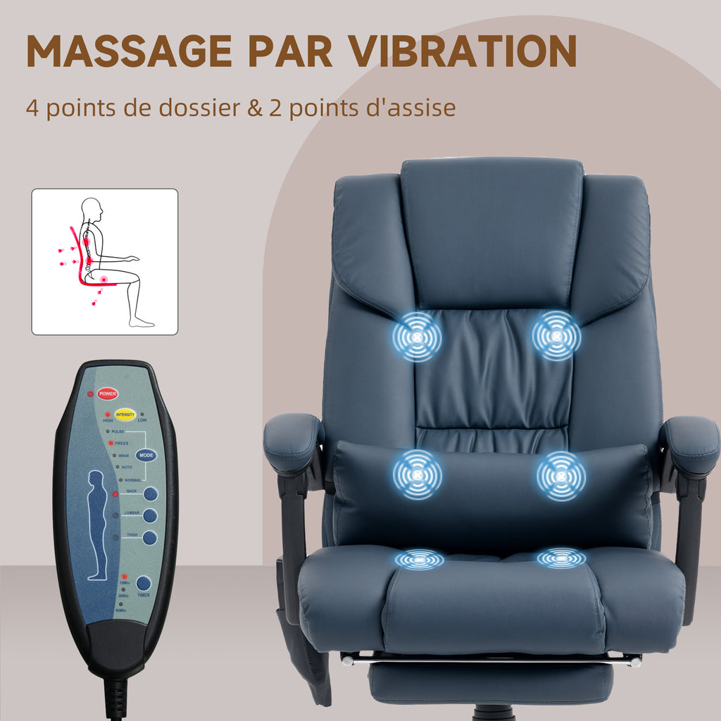 Fauteuil de bureau massant, repose-pied, hauteur réglable, dossier inclinable, télécommande filaire, 66x75x122cm, bleu-5