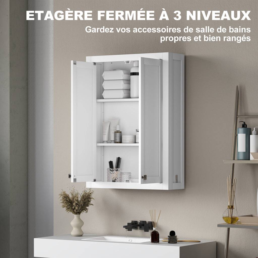 Armoire murale de salle de bain 3 niveaux, meuble de rangement suspendu  2 portes étagère réglable 61 x 20 x 84 cm blanc-4