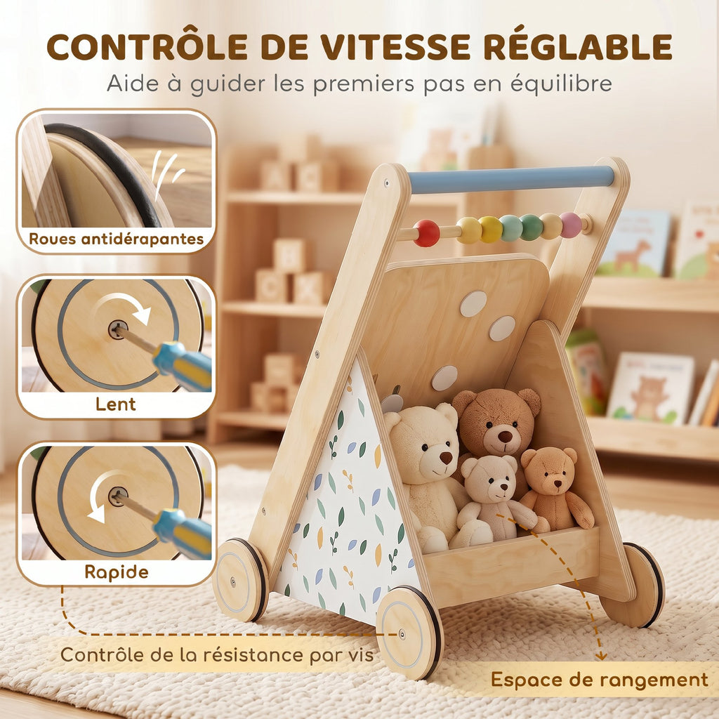 Trotteur Bebe en Bois, Chariot de Marche Bébé avec Centre d'Activités, Vitesse Réglable et 5 Blocs, dès 18 Mois, Naturel-3