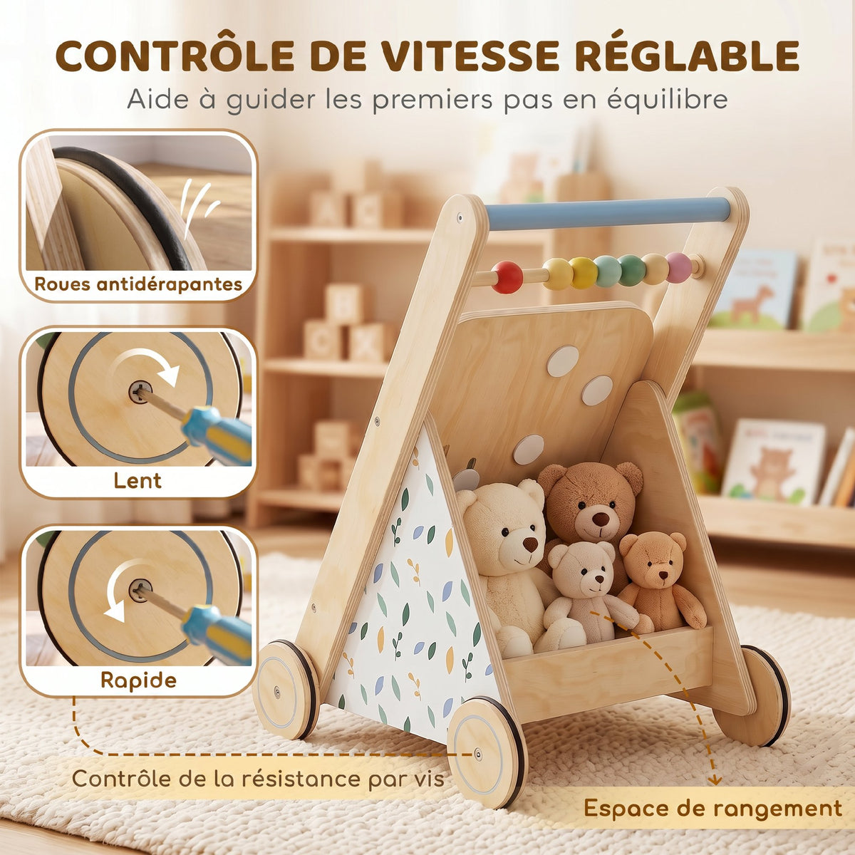 Trotteur Bebe en Bois, Chariot de Marche Bébé avec Centre d'Activités, Vitesse Réglable et 5 Blocs, dès 18 Mois, Naturel-3