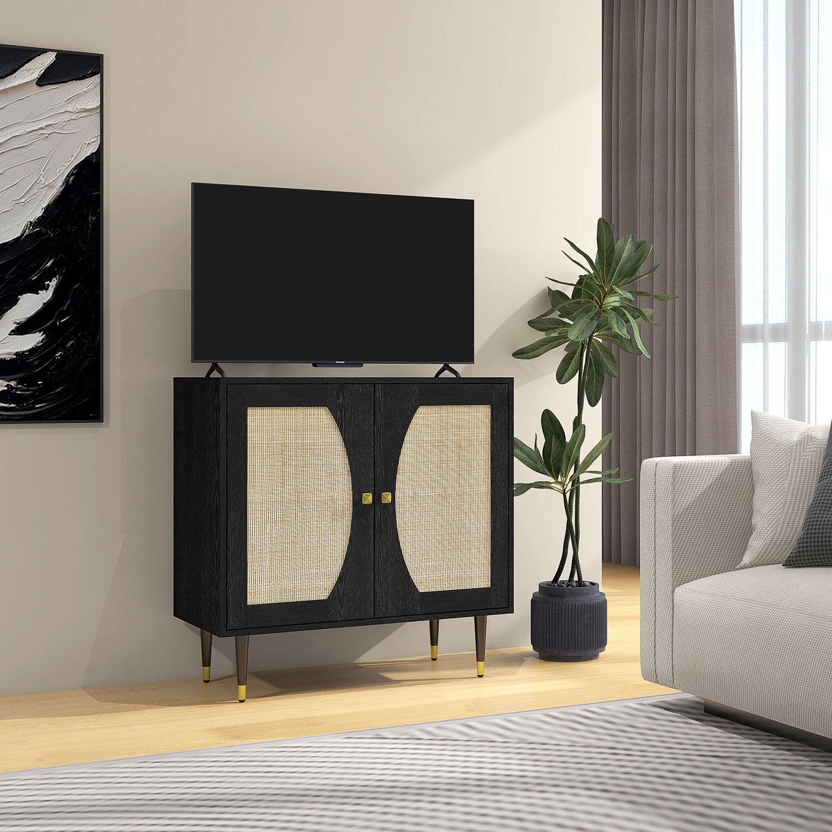 Buffet de cuisine meuble de rangement design bohème double portes avec 2 niveaux, façade en rotin 80 x 38 x 79 cm noir-9