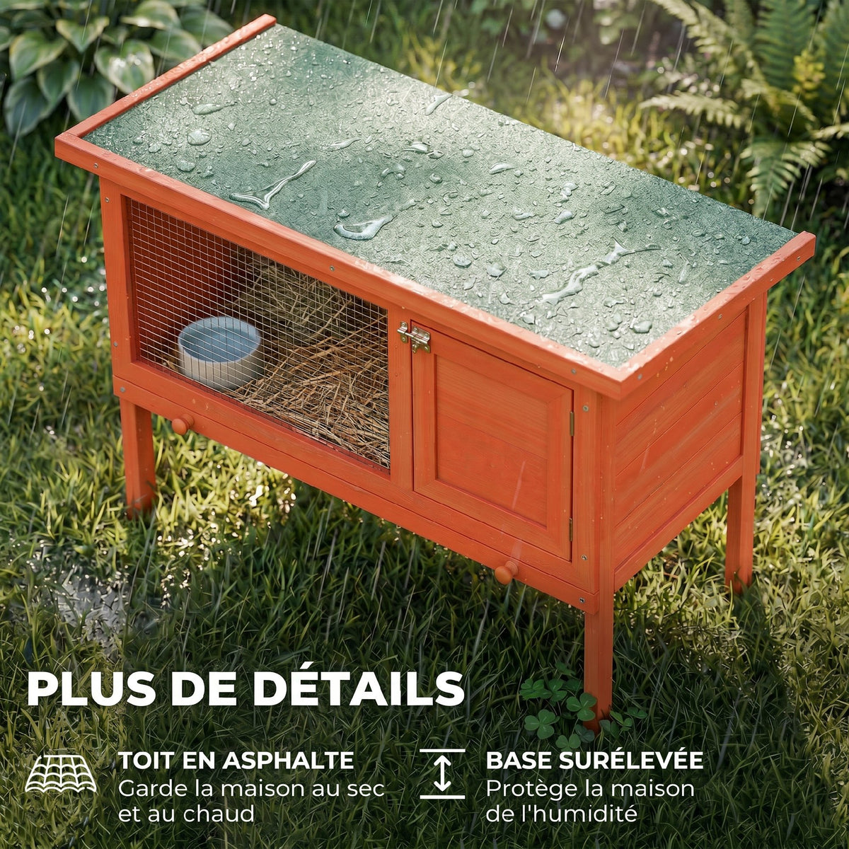 Clapier Lapin Extérieur en Bois, Toit Ouvrable en Asphalt et Plateau Coulissant, Design Surélevé, 90x45x65cm, Orange-6