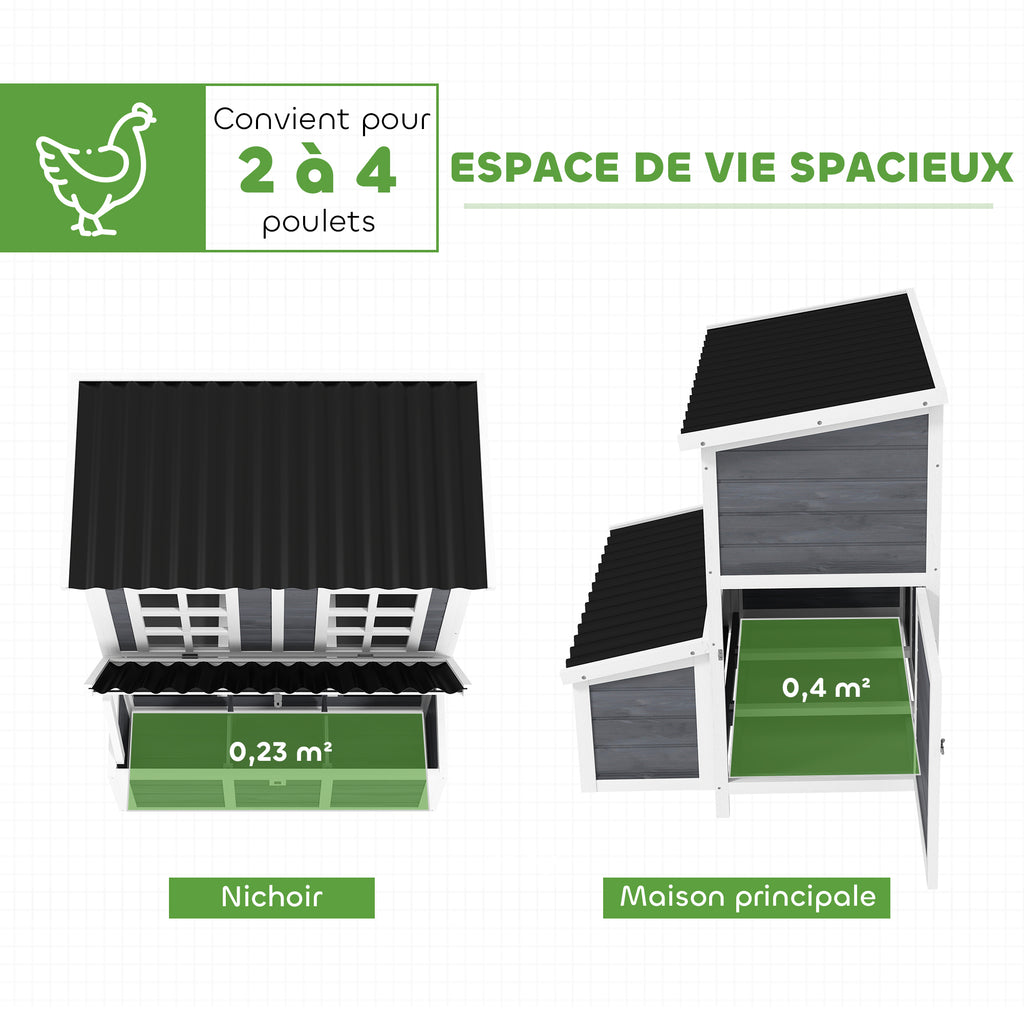 Poulailler en bois XL avec nichoir 3 compartiments tiroir amovible toit imperméable porte-rampe 100x86x100cm gris-3