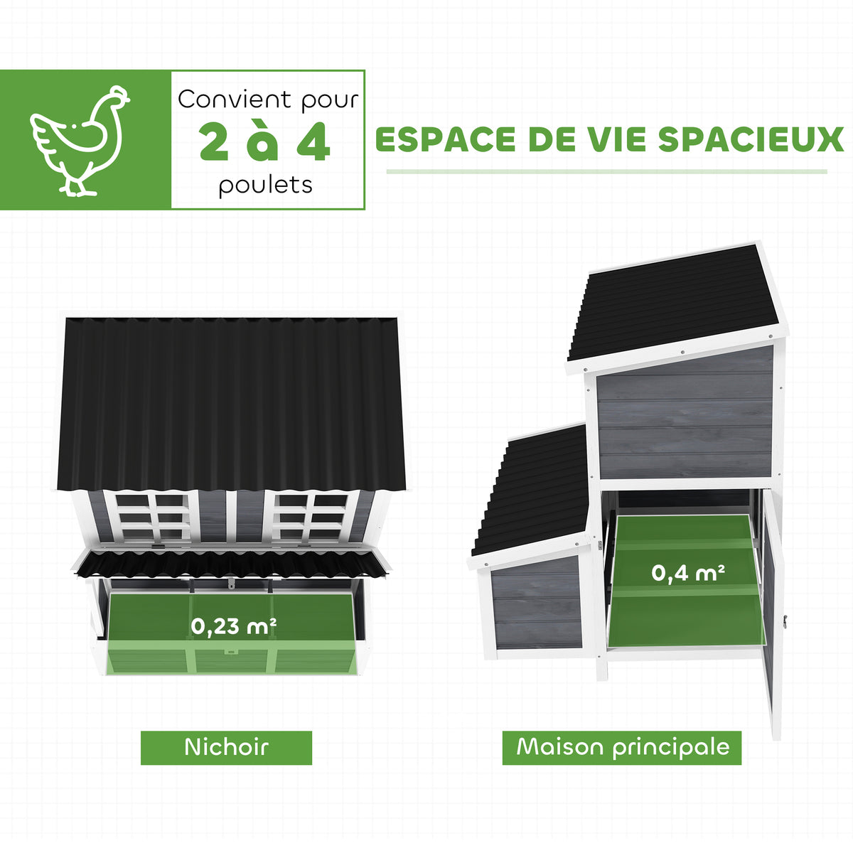Poulailler en bois XL avec nichoir 3 compartiments tiroir amovible toit imperméable porte-rampe 100x86x100cm gris-3