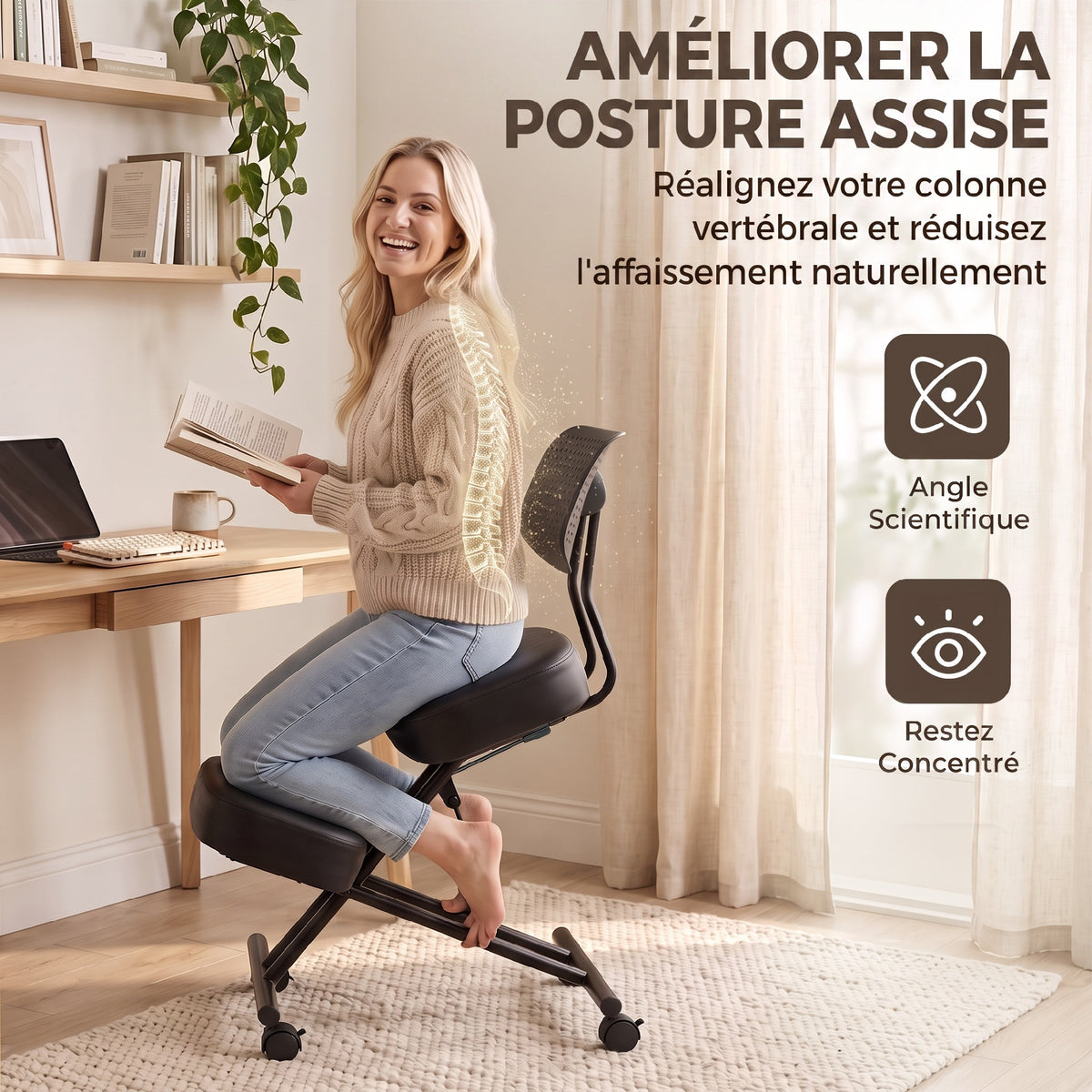 Chaise à Genoux Ergonomique avec Dossier, Siège Assis Genoux Réglable en PU sur Roulettes, Noir-3