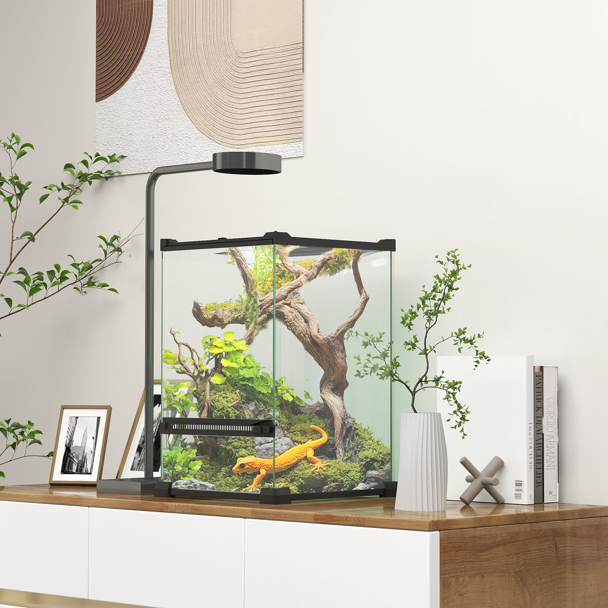 Terrarium en verre pour reptiles vivarium 12 L avec couvercle en treillis métallique, 20 x 20 x 30 cm, noir-1