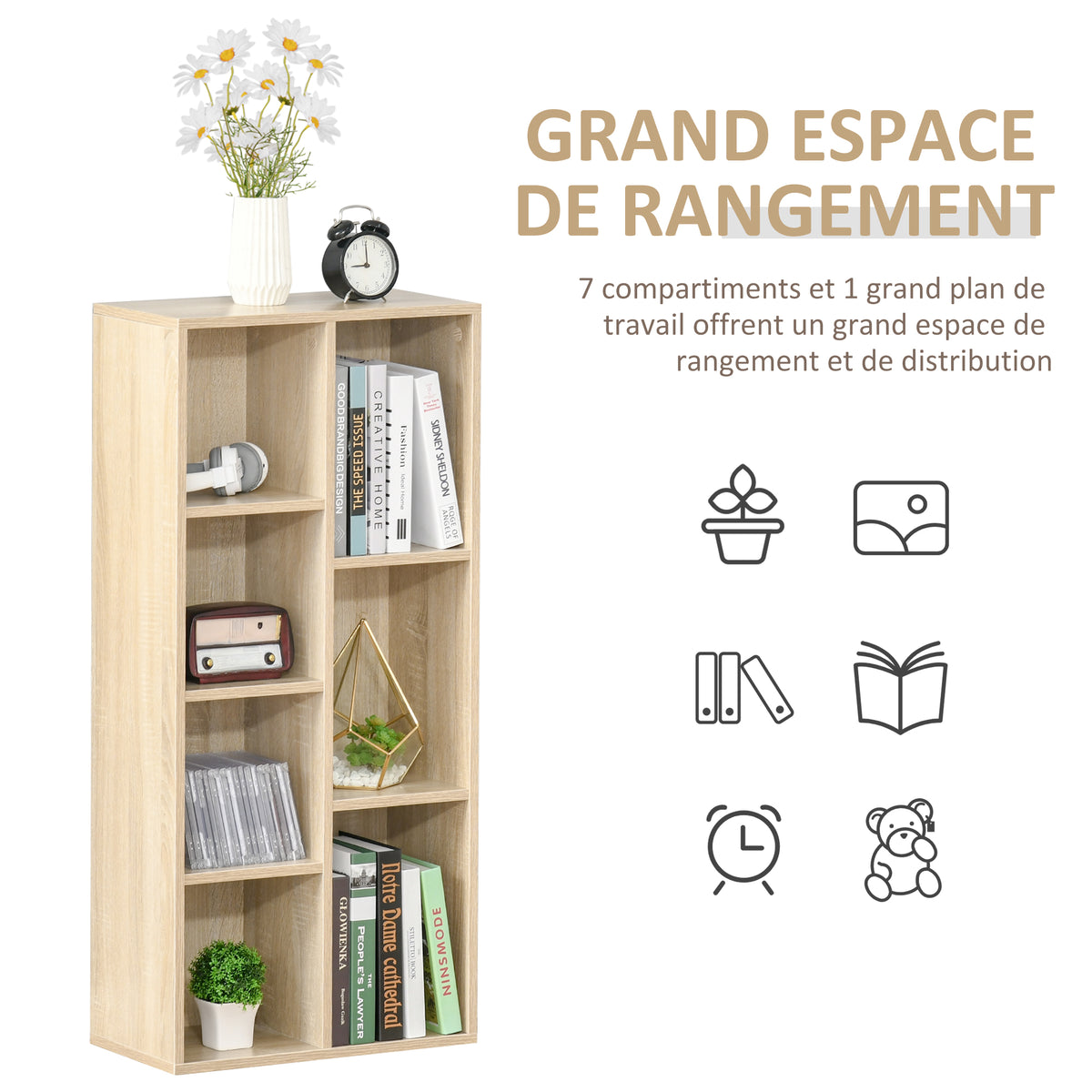 Meuble de rangement Bibliothèque étagère 7 cubes pour intérieur, salon, chambre - 50l x 24P x 106H cm, bois naturel-3