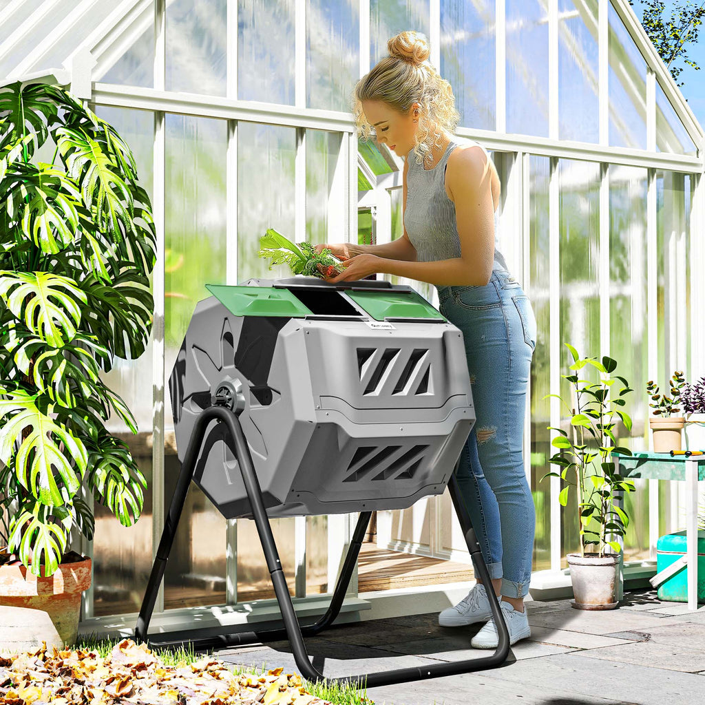Composteur de Jardin - bac à Compost pour déchets - Rotatif 360° - Double Chambre 160 L - Acier PP Gris-1