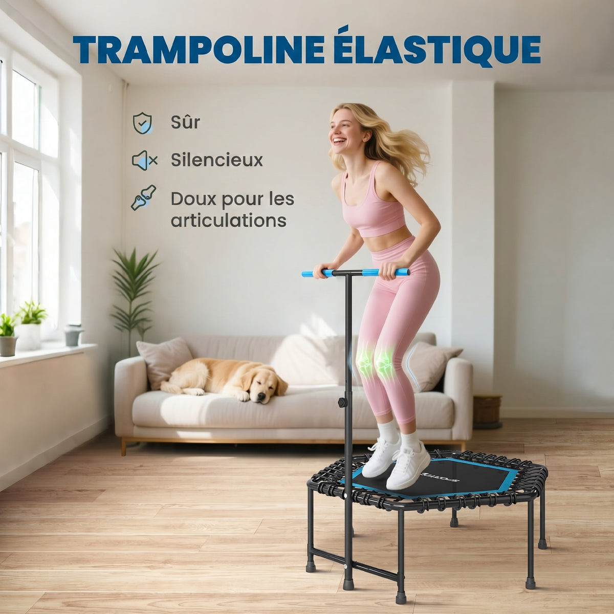 Trampoline de fitness 114 cm, cordes élastiques, poignée réglable 3 positions, trampoline d'exercice silencieux, bleu-4