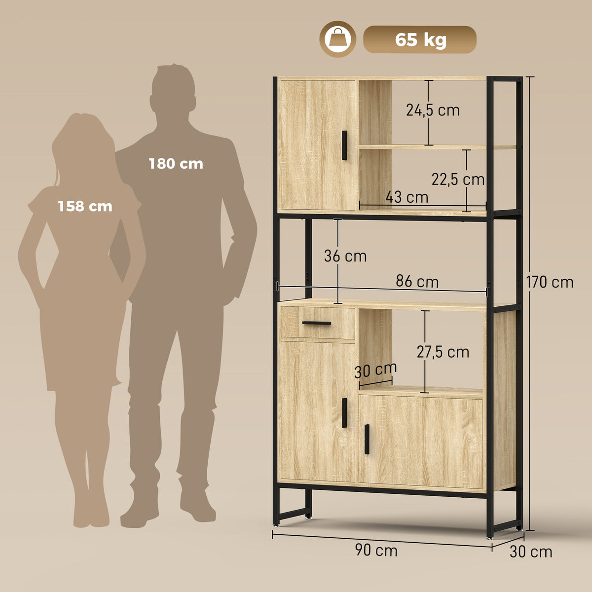 Buffet Haut Cuisine, Armoire de Cuisine, 3 Portes à Fermeture Douce, Tiroir, Plan de Travail, Niches Ouvertes, Naturel-2
