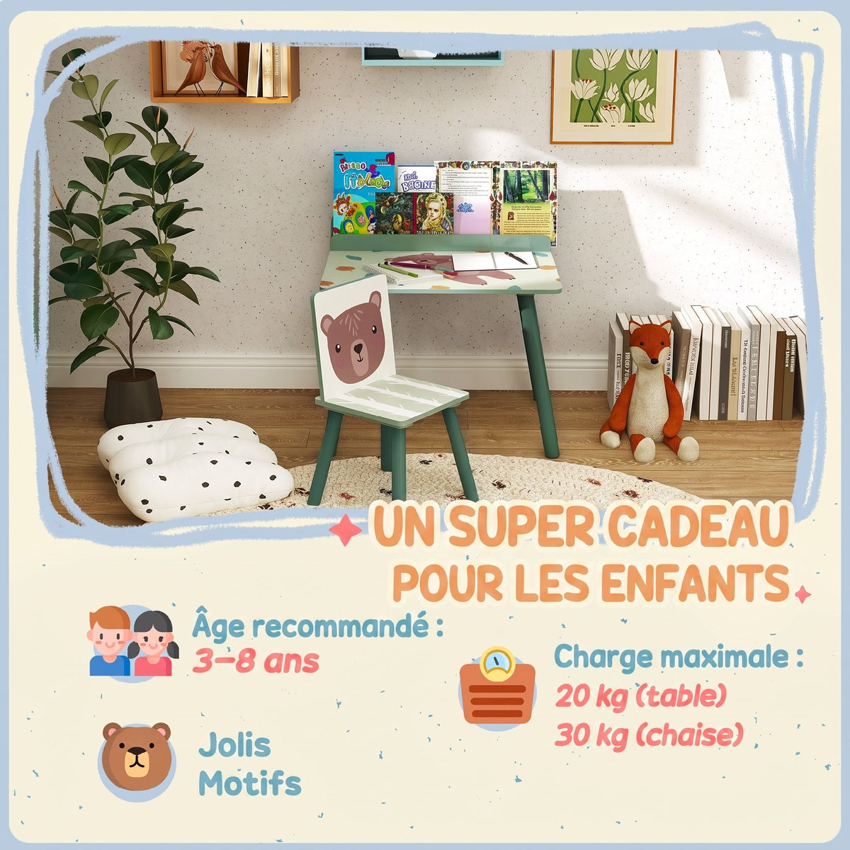 Table Enfant avec Chaise, Ensemble Table et Chaise en Bois pour Dessiner, Jouer, Étudier, Cadeau pour 3-8 Ans, Vert-6