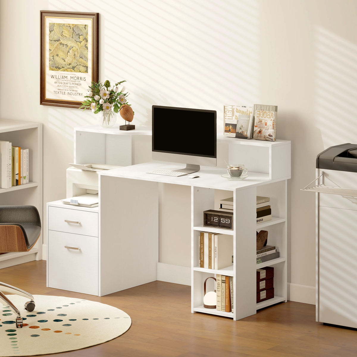 Bureau informatique, bureau avec rangement, 2 tiroirs, étagères ouvertes et tablette d'imprimante, 137x55x92cm, blanc-9