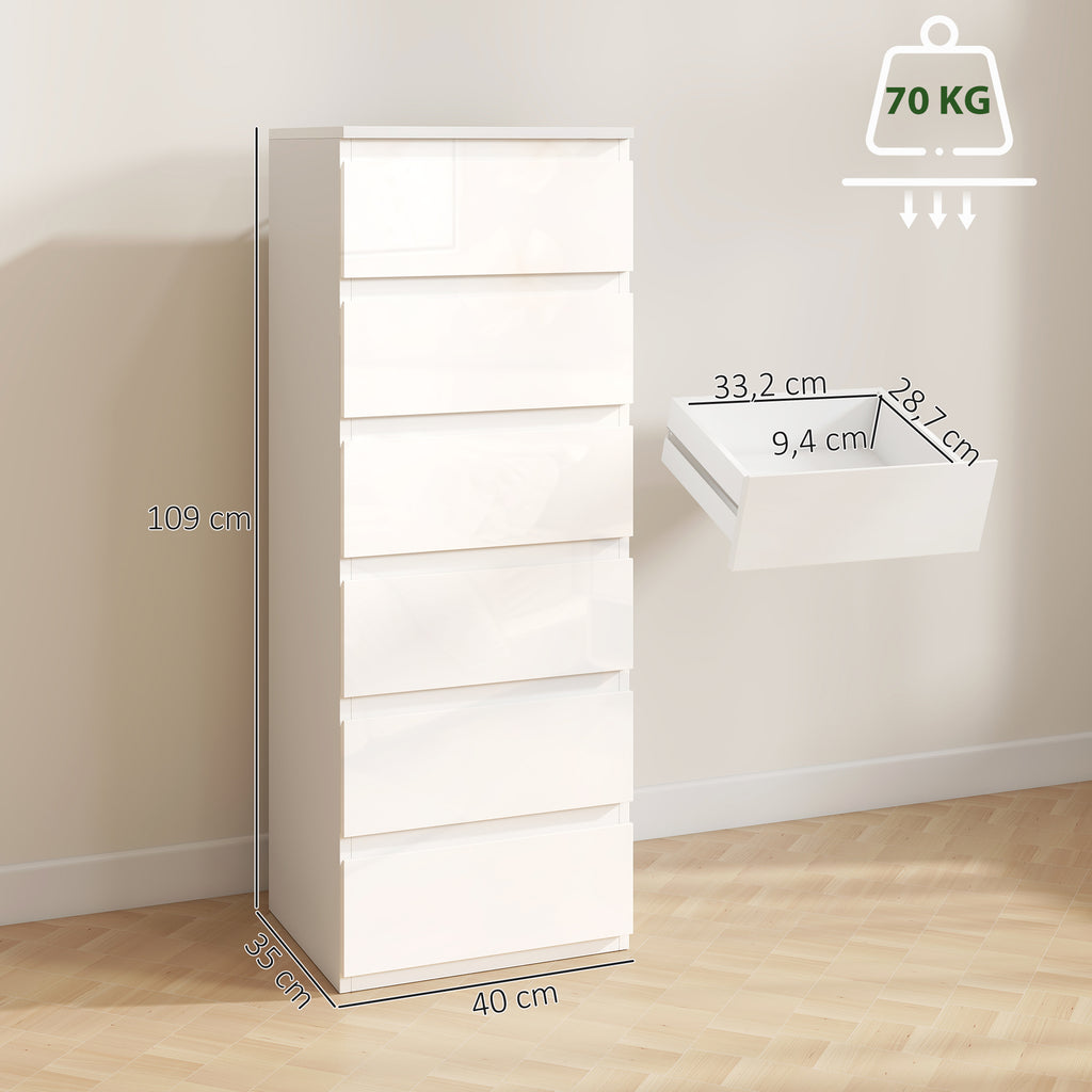 Commode 6 tiroirs à haute brillance, meuble de rangement étroit sans poignées, 40 x 35 x 109 cm, blanc-2