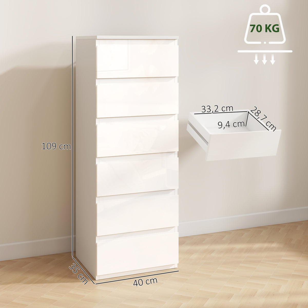 Commode 6 tiroirs à haute brillance, meuble de rangement étroit sans poignées, 40 x 35 x 109 cm, blanc-2