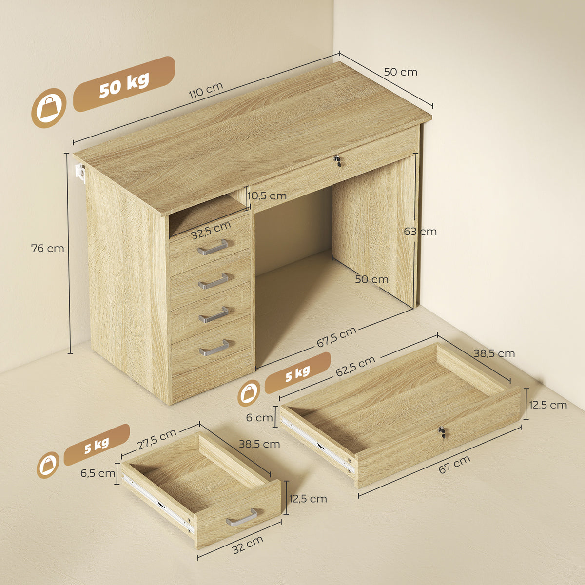 Bureau moderne avec 5 tiroirs, grand plateau, 1 compartiment ouvert, tiroir verrouillable, 110 x 50 x 76cm, chêne-2