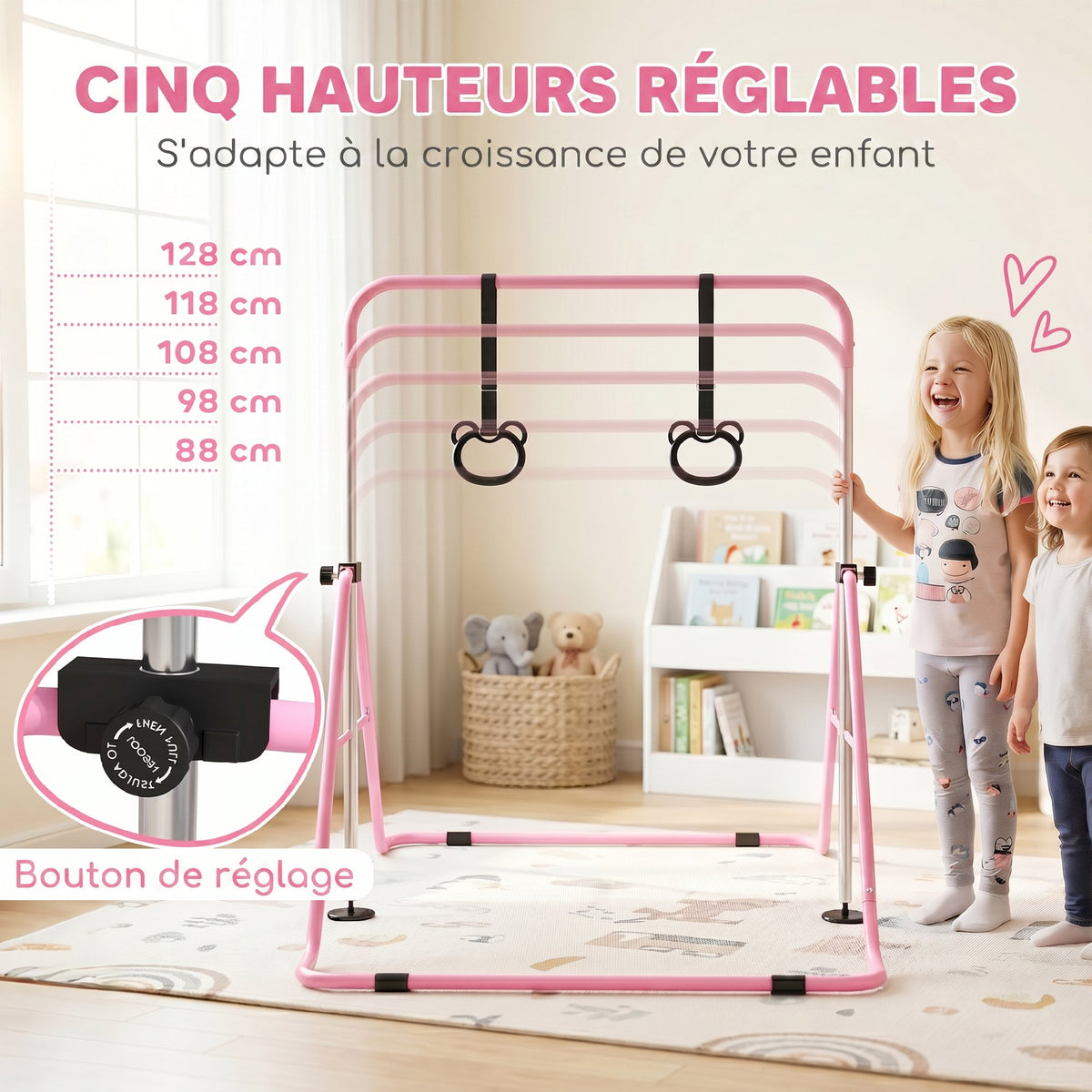 Barre de gymnastique pour enfants, barre horizontale pliable à hauteur réglable avec anneaux de gymnastique, rose-3