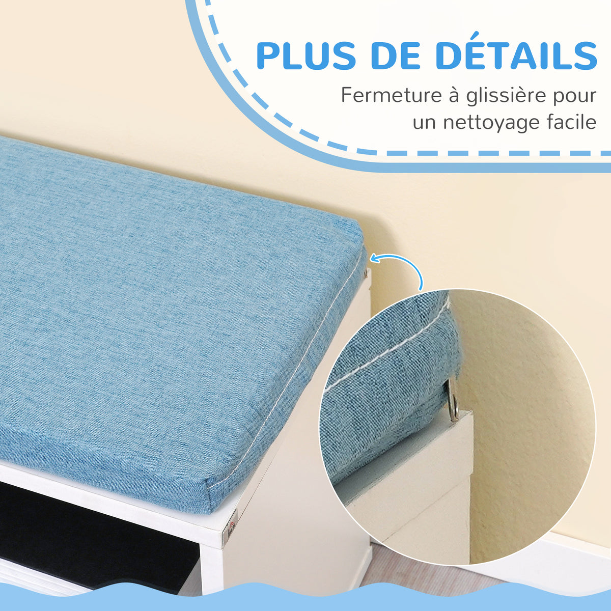 Bibliothèque banc 2 en 1 avec 5 compartiments de rangement et 2 coussins 108 x 30 x 60 cm blanc bleu-6