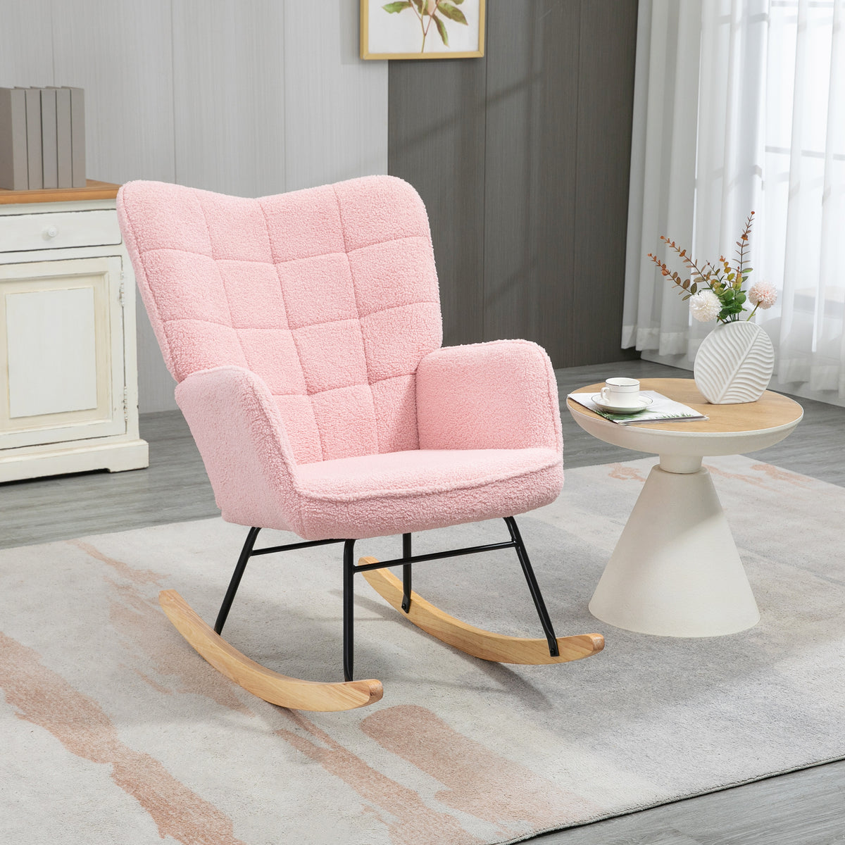 Fauteuil à bascule rocking chair revêtement bouclette structure en acier 71 x 98 x 101 cm rose-1