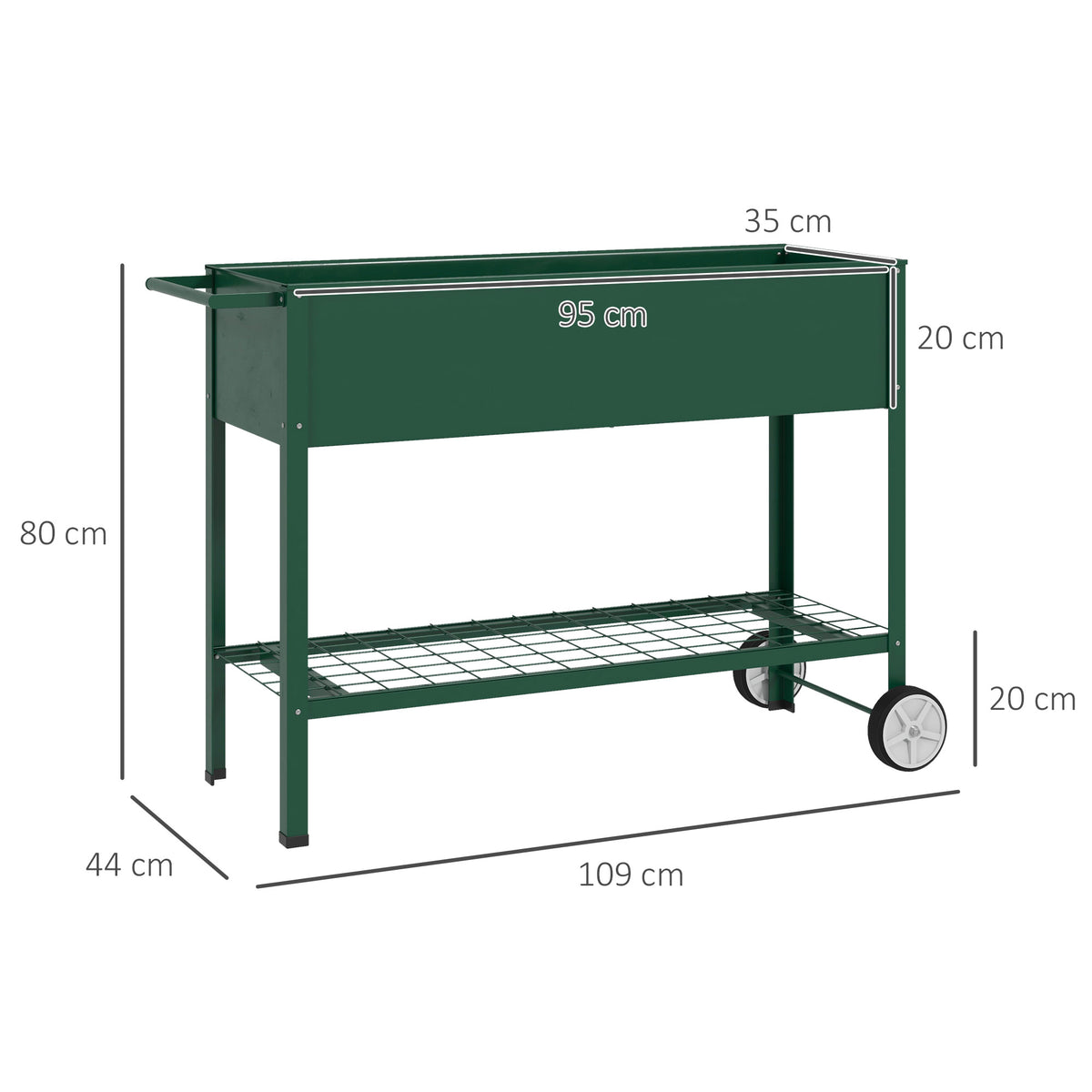 Jardinière sur Pieds Potager dim. 109L x 44l x 80H cm étagère 2 Roues + Insert d'irrigation métal Vert-2